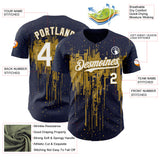 Custom Navy White-Old Gold 3D Pattern Design Dripping Splatter Paint Authentic Baseball Jersey
