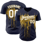 Custom Navy White-Old Gold 3D Pattern Design Dripping Splatter Paint Authentic Baseball Jersey