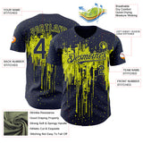 Custom Navy Neon Yellow 3D Pattern Design Dripping Splatter Paint Authentic Baseball Jersey