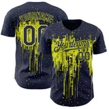 Custom Navy Neon Yellow 3D Pattern Design Dripping Splatter Paint Authentic Baseball Jersey