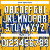Custom Gold White-Royal 3D Pattern Design Dripping Splatter Paint Authentic Baseball Jersey