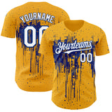 Custom Gold White-Royal 3D Pattern Design Dripping Splatter Paint Authentic Baseball Jersey
