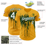 Custom Gold White-Green 3D Pattern Design Dripping Splatter Paint Authentic Baseball Jersey