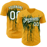Custom Gold White-Green 3D Pattern Design Dripping Splatter Paint Authentic Baseball Jersey