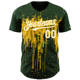 Custom Green White-Yellow 3D Pattern Design Dripping Splatter Paint Authentic Baseball Jersey
