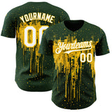 Custom Green White-Yellow 3D Pattern Design Dripping Splatter Paint Authentic Baseball Jersey