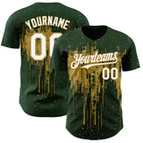 Custom Green White-Old Gold 3D Pattern Design Dripping Splatter Paint Authentic Baseball Jersey