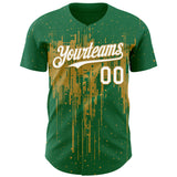 Custom Kelly Green White-Old Gold 3D Pattern Design Dripping Splatter Paint Authentic Baseball Jersey