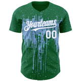 Custom Kelly Green White-Light Blue 3D Pattern Design Dripping Splatter Paint Authentic Baseball Jersey