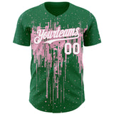 Custom Kelly Green White-Light Pink 3D Pattern Design Dripping Splatter Paint Authentic Baseball Jersey