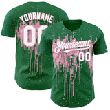 Custom Kelly Green White-Light Pink 3D Pattern Design Dripping Splatter Paint Authentic Baseball Jersey