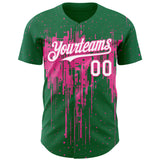 Custom Kelly Green White-Pink 3D Pattern Design Dripping Splatter Paint Authentic Baseball Jersey