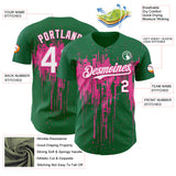 Custom Kelly Green White-Pink 3D Pattern Design Dripping Splatter Paint Authentic Baseball Jersey