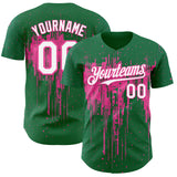 Custom Kelly Green White-Pink 3D Pattern Design Dripping Splatter Paint Authentic Baseball Jersey