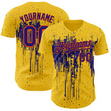 Custom Yellow Dark Purple-Orange 3D Pattern Design Dripping Splatter Paint Authentic Baseball Jersey