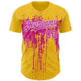 Custom Yellow Deep Pink-White 3D Pattern Design Dripping Splatter Paint Authentic Baseball Jersey