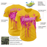 Custom Yellow Deep Pink-White 3D Pattern Design Dripping Splatter Paint Authentic Baseball Jersey