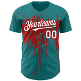 Custom Teal White-Red 3D Pattern Design Dripping Splatter Paint Authentic Baseball Jersey