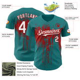Custom Teal White-Red 3D Pattern Design Dripping Splatter Paint Authentic Baseball Jersey