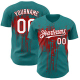 Custom Teal White-Red 3D Pattern Design Dripping Splatter Paint Authentic Baseball Jersey
