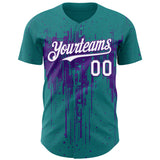 Custom Teal White-Purple 3D Pattern Design Dripping Splatter Paint Authentic Baseball Jersey