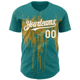 Custom Teal White-Old Gold 3D Pattern Design Dripping Splatter Paint Authentic Baseball Jersey