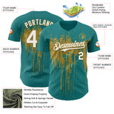 Custom Teal White-Old Gold 3D Pattern Design Dripping Splatter Paint Authentic Baseball Jersey