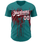 Custom Teal White-Crimson 3D Pattern Design Dripping Splatter Paint Authentic Baseball Jersey