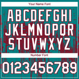 Custom Teal White-Crimson 3D Pattern Design Dripping Splatter Paint Authentic Baseball Jersey