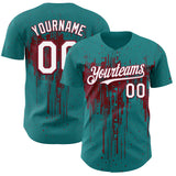 Custom Teal White-Crimson 3D Pattern Design Dripping Splatter Paint Authentic Baseball Jersey