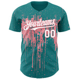 Custom Teal White-Medium Pink 3D Pattern Design Dripping Splatter Paint Authentic Baseball Jersey