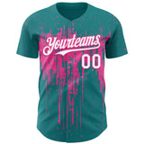 Custom Teal White-Pink 3D Pattern Design Dripping Splatter Paint Authentic Baseball Jersey