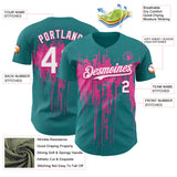 Custom Teal White-Pink 3D Pattern Design Dripping Splatter Paint Authentic Baseball Jersey