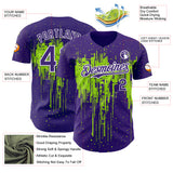 Custom Purple White-Neon Green 3D Pattern Design Dripping Splatter Paint Authentic Baseball Jersey