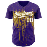 Custom Purple White-Old Gold 3D Pattern Design Dripping Splatter Paint Authentic Baseball Jersey