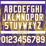 Custom Purple White-Old Gold 3D Pattern Design Dripping Splatter Paint Authentic Baseball Jersey