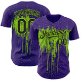 Custom Purple Black-Neon Green 3D Pattern Design Dripping Splatter Paint Authentic Baseball Jersey