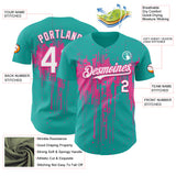 Custom Aqua White-Pink 3D Pattern Design Dripping Splatter Paint Authentic Baseball Jersey