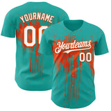 Custom Aqua White-Orange 3D Pattern Design Dripping Splatter Paint Authentic Baseball Jersey