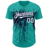 Custom Aqua White-Navy 3D Pattern Design Dripping Splatter Paint Authentic Baseball Jersey