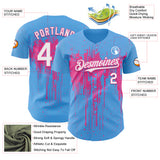 Custom Sky Blue White-Pink 3D Pattern Design Dripping Splatter Paint Authentic Baseball Jersey