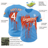 Custom Sky Blue White-Orange 3D Pattern Design Dripping Splatter Paint Authentic Baseball Jersey