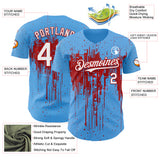 Custom Sky Blue White-Red 3D Pattern Design Dripping Splatter Paint Authentic Baseball Jersey