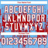 Custom Sky Blue White-Red 3D Pattern Design Dripping Splatter Paint Authentic Baseball Jersey