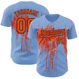 Custom Light Blue Orange-Black 3D Pattern Design Dripping Splatter Paint Authentic Baseball Jersey