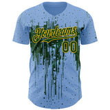 Custom Light Blue Green-Gold 3D Pattern Design Dripping Splatter Paint Authentic Baseball Jersey