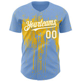 Custom Light Blue White-Yellow 3D Pattern Design Dripping Splatter Paint Authentic Baseball Jersey