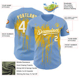 Custom Light Blue White-Yellow 3D Pattern Design Dripping Splatter Paint Authentic Baseball Jersey
