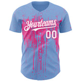 Custom Light Blue White-Pink 3D Pattern Design Dripping Splatter Paint Authentic Baseball Jersey