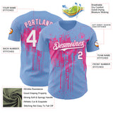 Custom Light Blue White-Pink 3D Pattern Design Dripping Splatter Paint Authentic Baseball Jersey